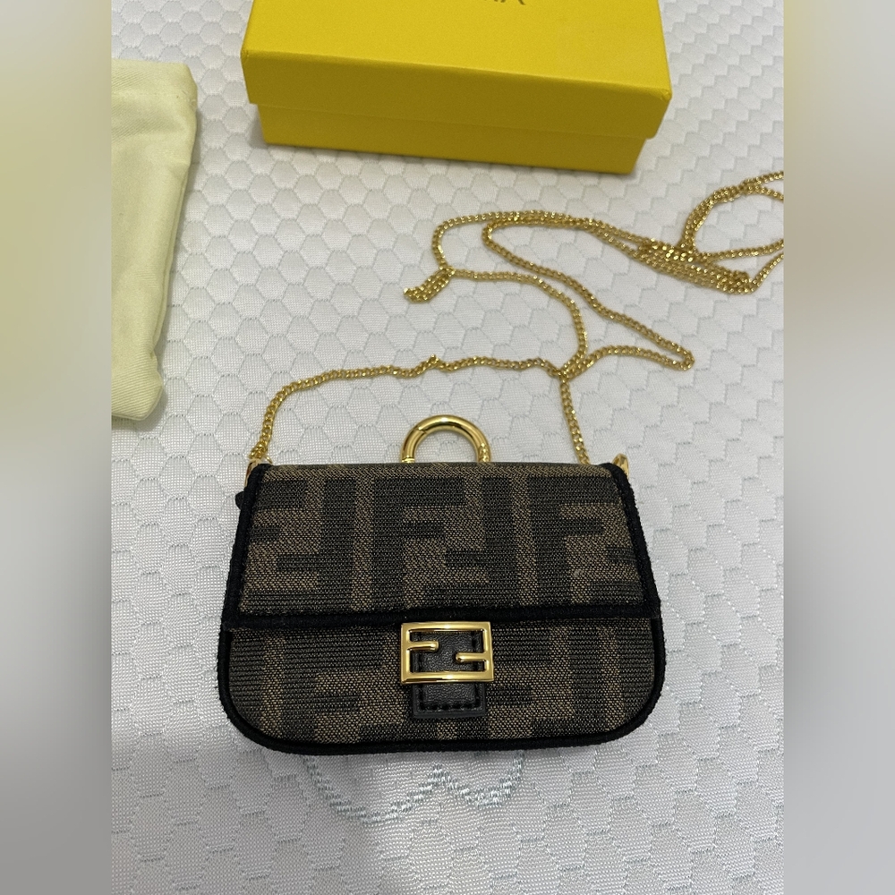 Fendi Brown FF jacquard fabric charm Nano version of the iconic Baguette bag